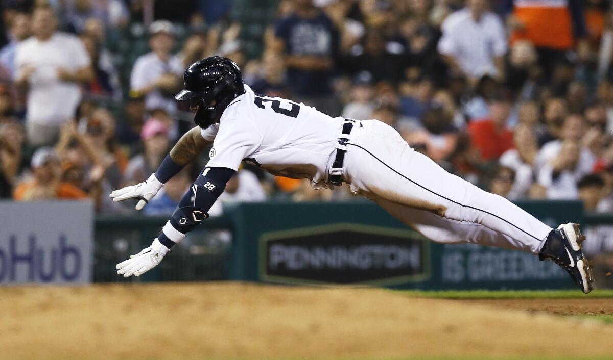 Javier Baez of the Detroit Tigers runs in action against the San