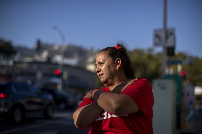WEST HOLLYWOOD, CA - NOVEMBER 4, 2021: Hotel worker Sandra Pellecer was laid off during the pandemic after working in the hotel industry for 16 years on November 4, 20201 on in West Hollywood, California. She is hoping to find work again in the hotel industry and be able to take advantage of the increase in minimum wage in West Hollywood.(Gina Ferazzi / Los Angeles Times)