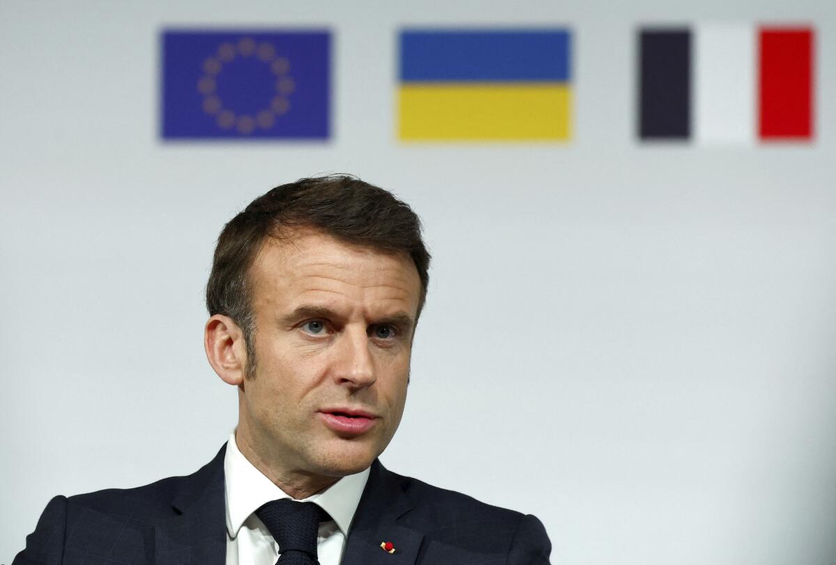 French President Emmanuel Macron speaks during a press conference at the Elysee Palace in Paris, Monday, Feb. 26, 2024. 