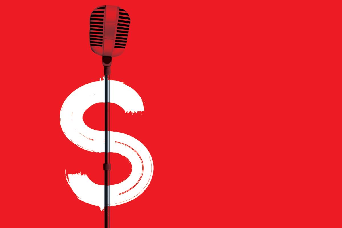 Dollar sign illustration uses mic stand and S-shaped white paint on red background