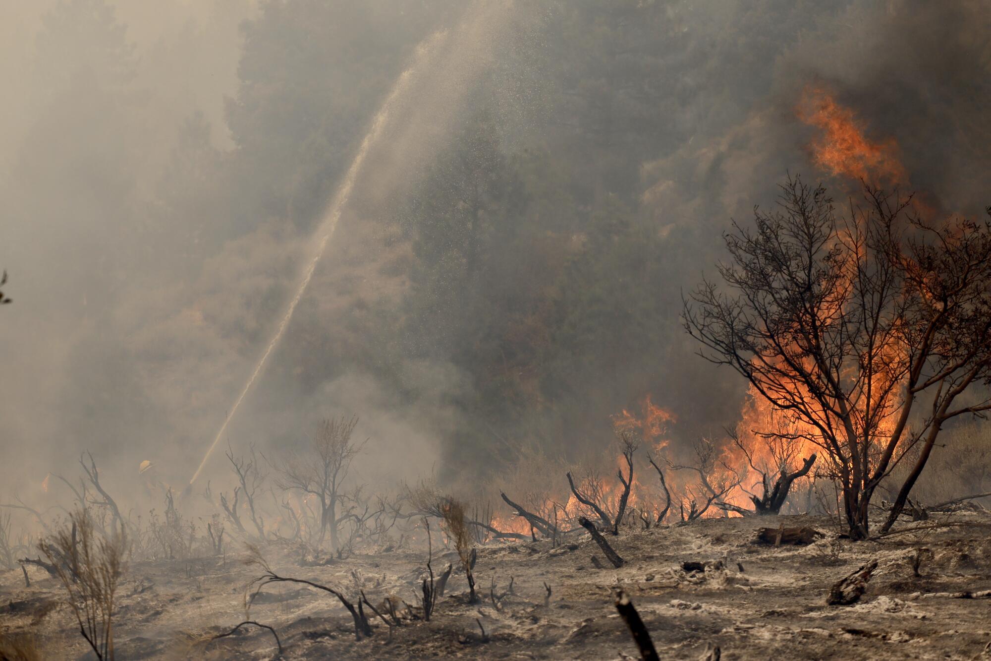 San Bernardino County firefighters work to contain a spot fire from the Bridge fire burning in Wrightwood on Sept. 11.