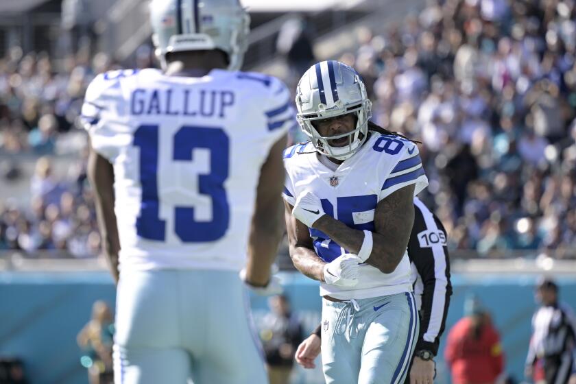 Dallas Cowboys wide receiver Noah Brown (85) celebrates after scoring a 1-yard touchdown on a pass play during the first half of an NFL football game against the Jacksonville Jaguars, Sunday, Dec. 18, 2022, in Jacksonville, Fla. (AP Photo/Phelan M. Ebenhack)