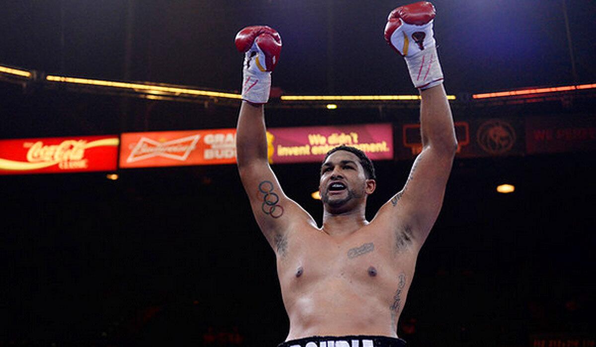 Dominic Breazeale celebrates after defeating Victor Bisbal on March 7 in Las Vegas.