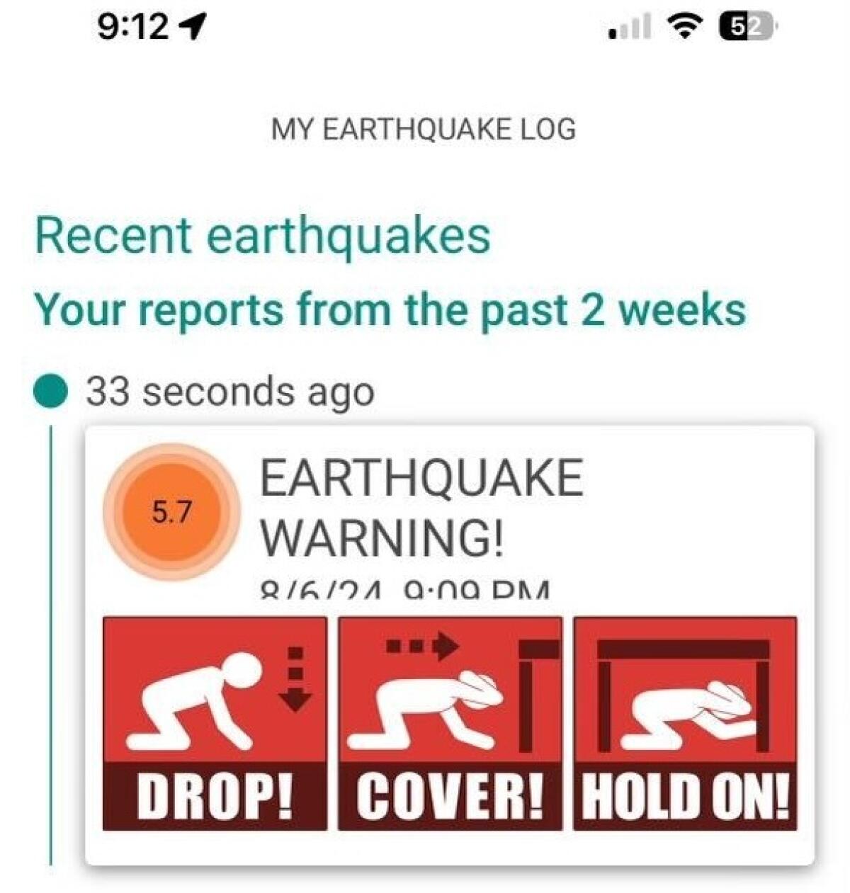 A screenshot labeled "My Earthquake Log" reads "Earthquake warning!" and "Drop!" "Cover" and "Hold on!" with illustrations