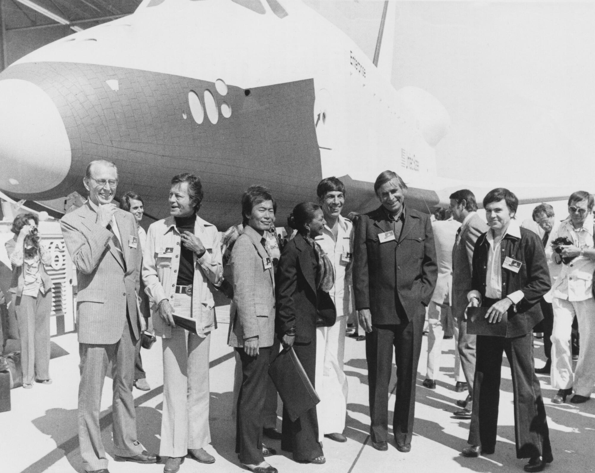 The space shuttle orbiter OV-101, dubbed Enterprise, unveiled in 1976 in Palmdale with "Star Trek" cast members.