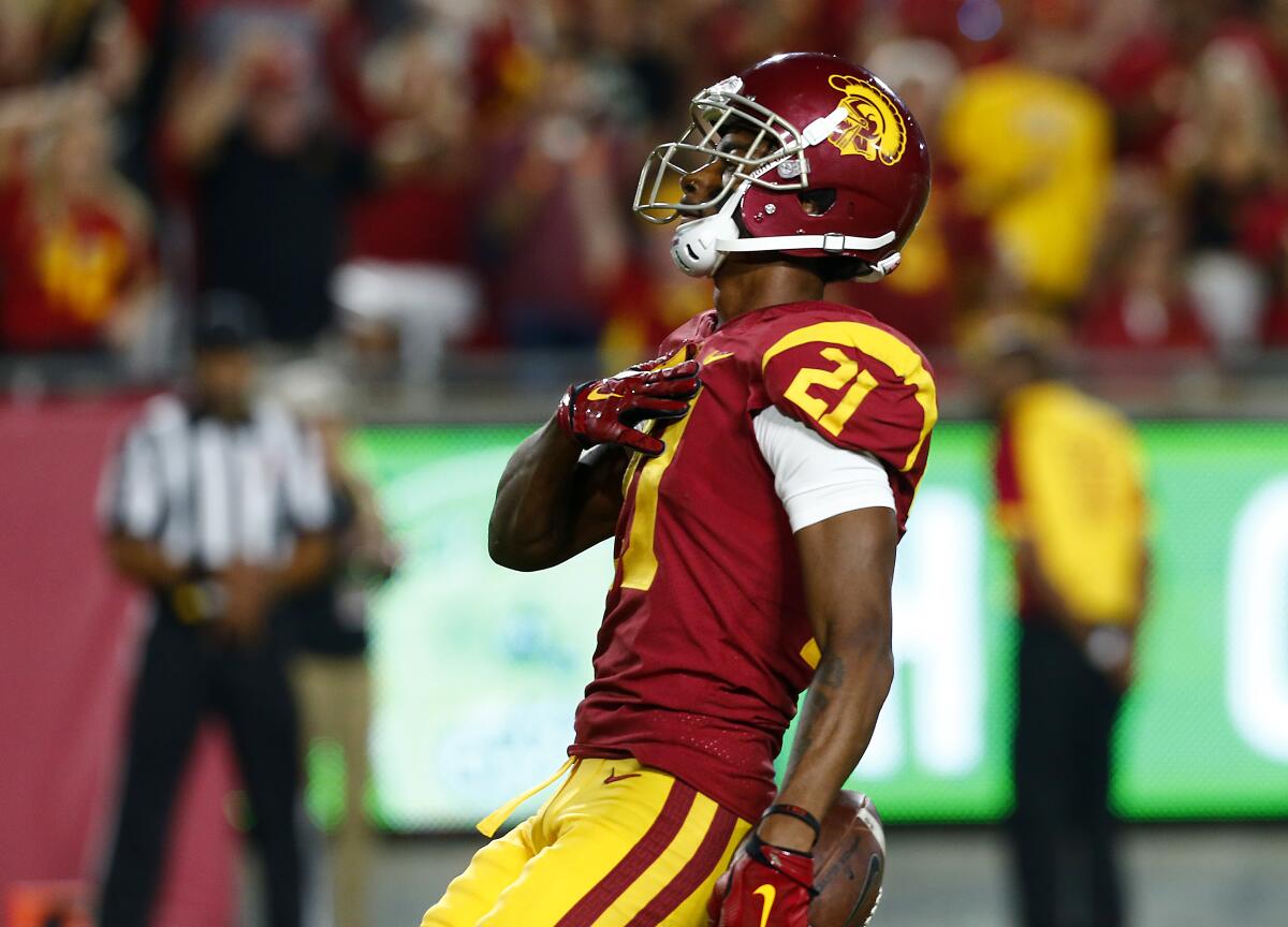 USC wide receiver Tyler Vaughns gets into the end zone untouched against Stanford.
