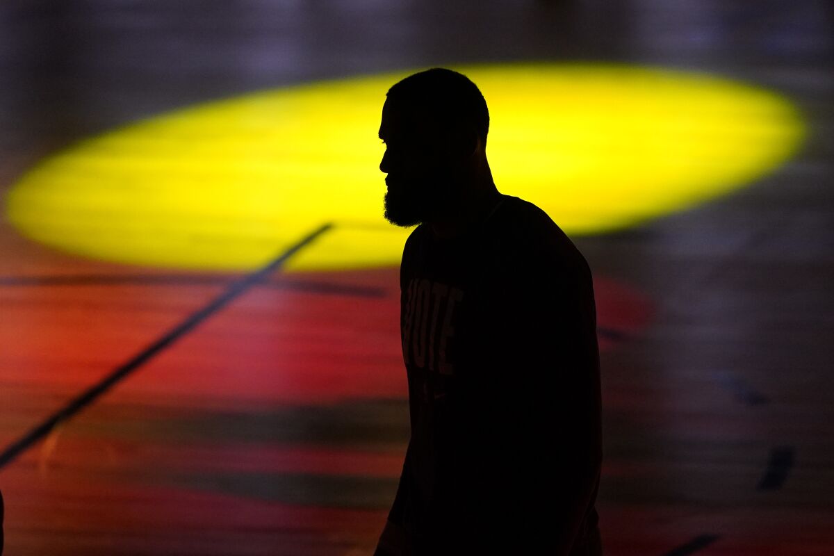 LeBron James is seen silhouetted during introductions prior to Game 6 of the NBA Finals.