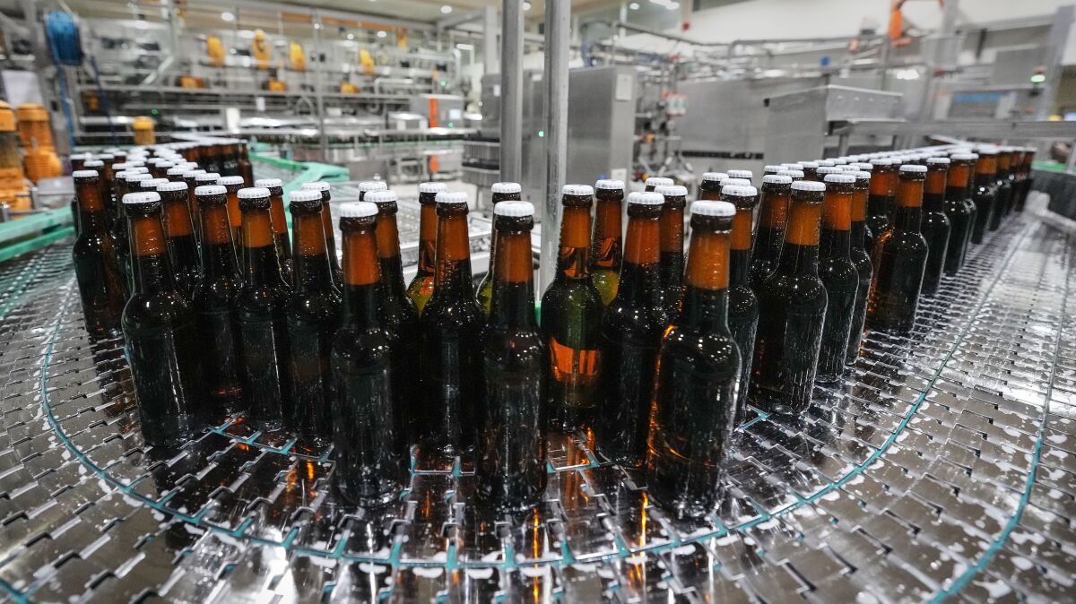 En esta imagen de archivo, botellas de cerveza en una línea de llenado en la cervecería Veltins, en Meschede, Alemania