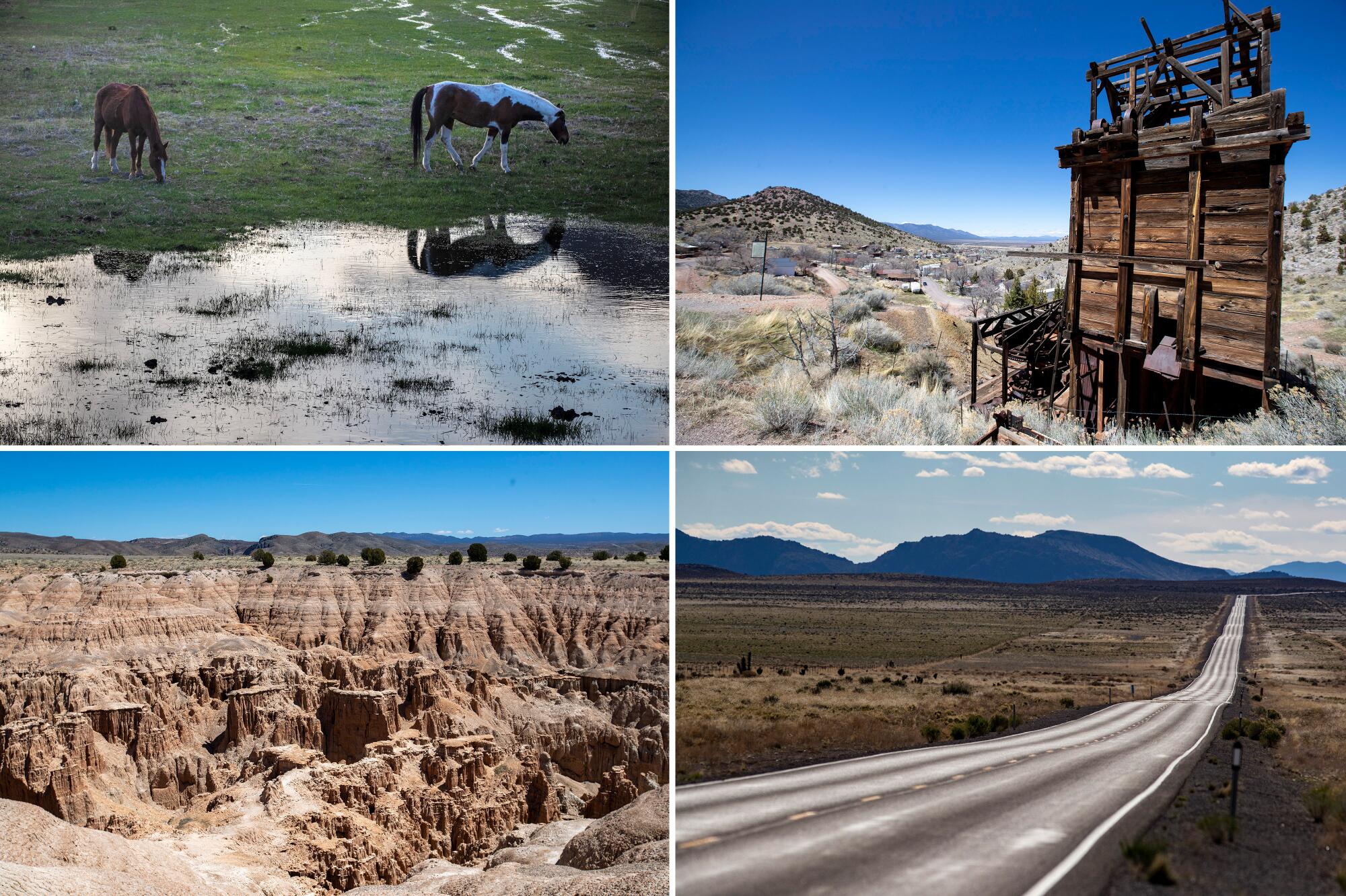 Clockwise from top left: Horses graze in a field along Highway 93 in Alamo, Nev.; the 1920s-era Pioche Mines Co.'s aerial tramway carried ore from the mines down Treasure Hill in Pioche; a desolate Highway 93 stretches for miles through the Delamar Valley; and eroded sandstone cliffs at Cathedral Gorge State Park on Highway 93 in Pioche.