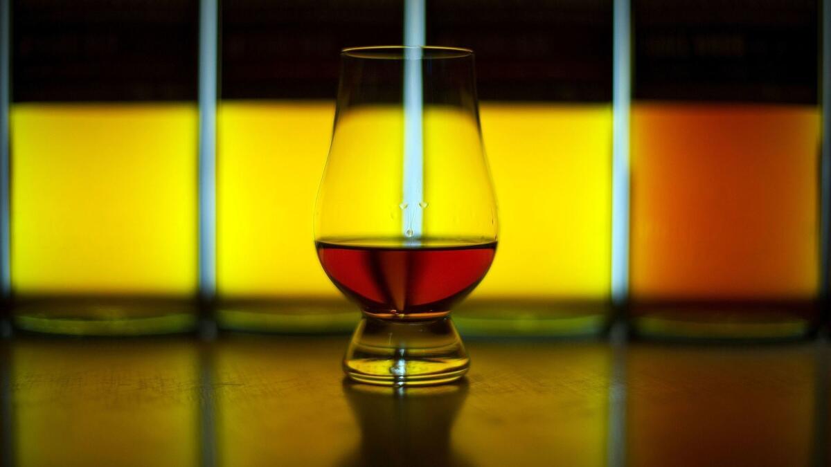 A glass of single malt whisky produced at the Auchentoshan Distillery on the outskirts of Glasgow, Scotland.