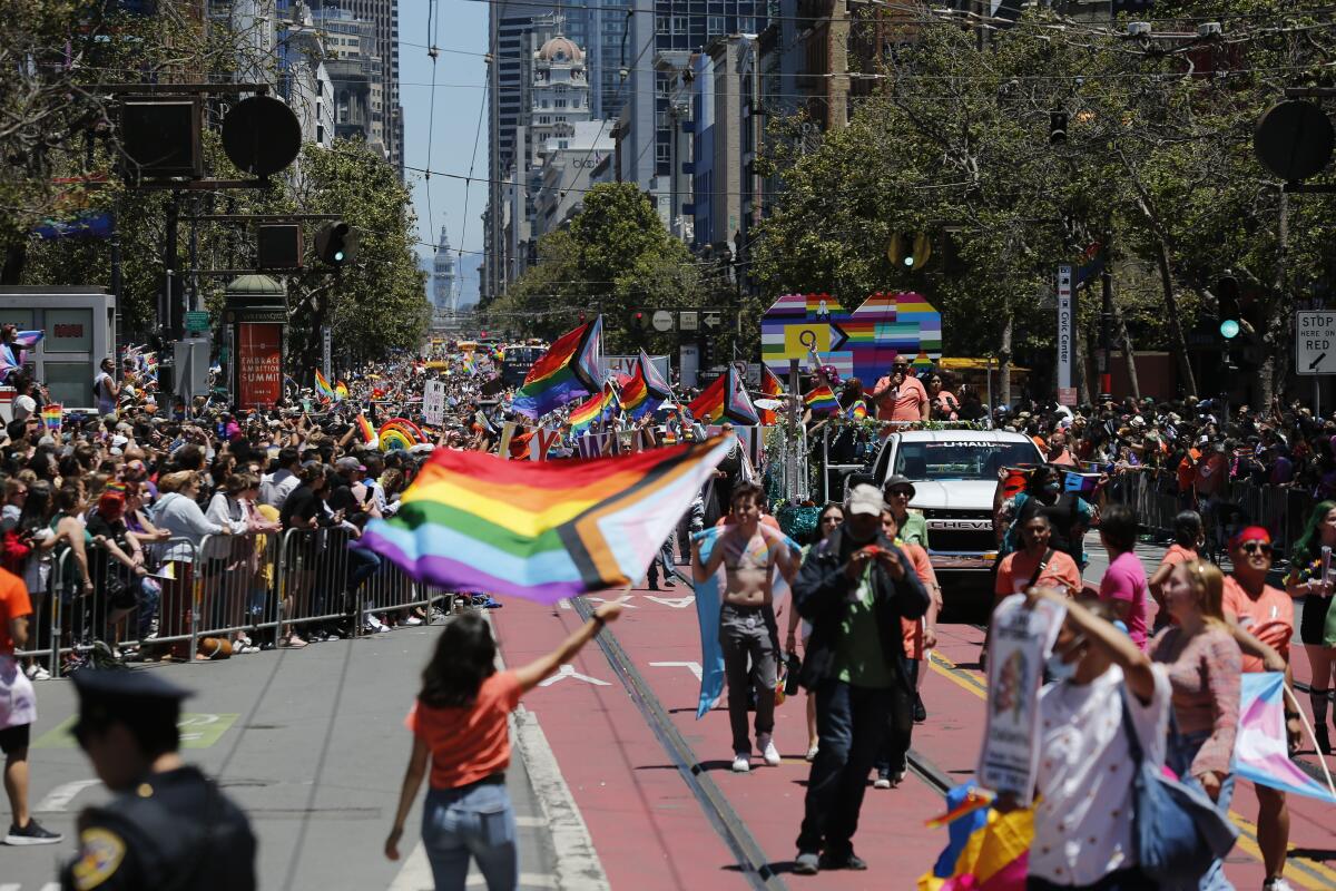 People wave transgender flags as they walk and celebrate in the Pride Parade 