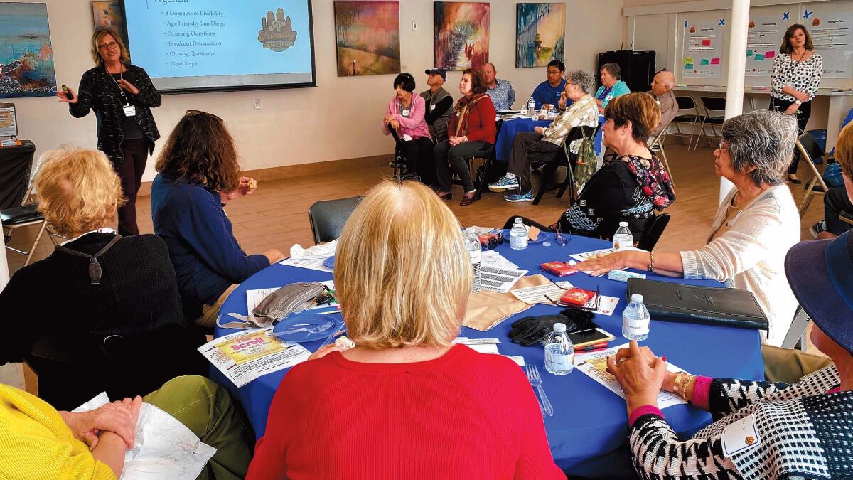 Lori Clarke from the SDSU Social Policy Institute welcomes participants to the Age-Friendly Listening Session, Feb. 20, 2020 at La Jolla Community Center.