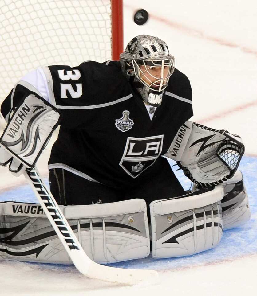 Kings goalie Jonathan Quick makes a save during the first period in Game 3 of the Stanley Cup Final against the New Jersey Devils at Staples Center.