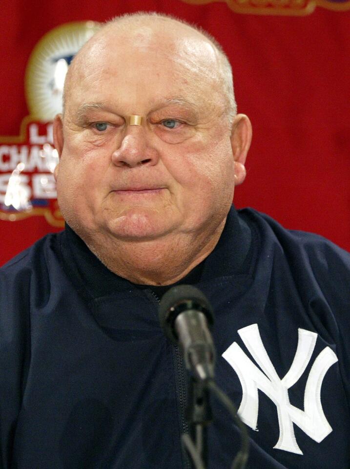Yankees bench coach Don Zimmer speaks to the media prior to the start of game four of the American League Championship Series at Fenway Park.