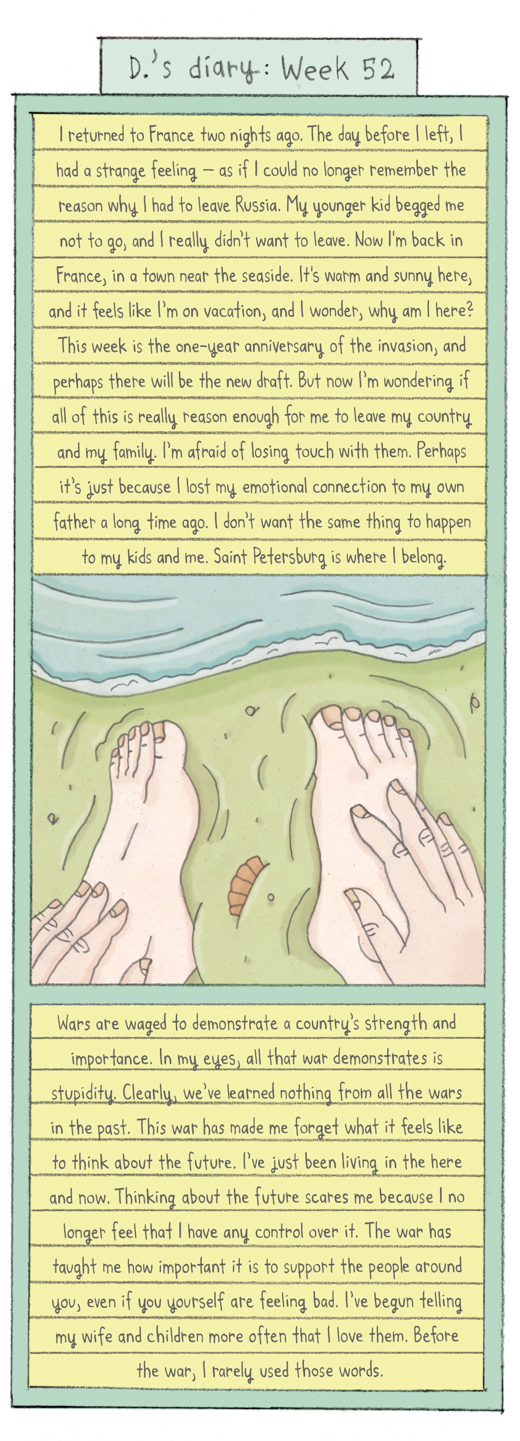 comic showing a pair of feet in the sand of a beach in a close up view with the water lapping. Hands resting on feet.
