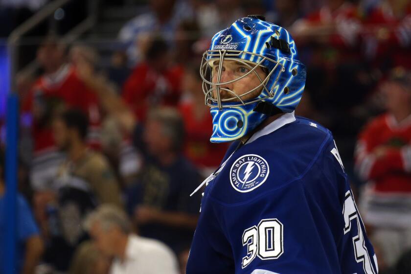 Tampa Bay goalie Ben Bishop tends goal against the Chicago Blackhawks during Game 2 of the Stanley Cup Final at Amalie Arena in Tampa on June 6.