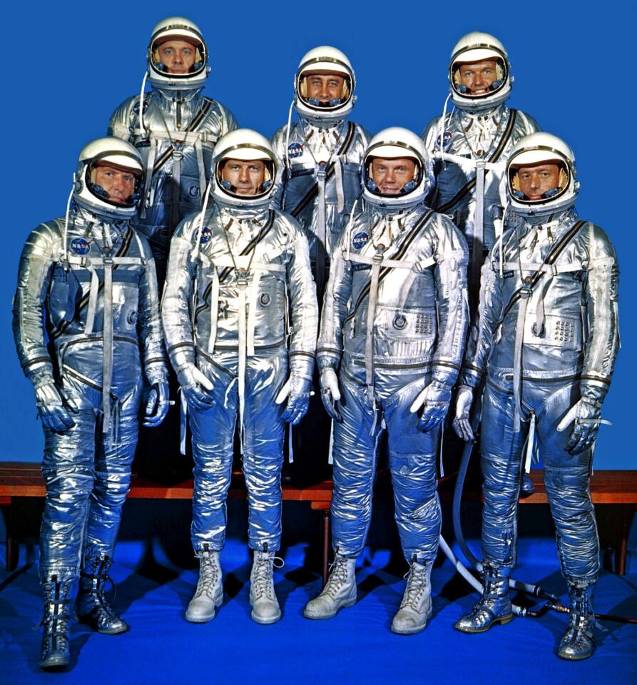 The original Project Mercury astronauts are shown. Top row, from left, are Alan B. Shepard Jr., Gus Grissom and Gordon Cooper. Bottom row, from left, are Wally Schirra, Deke Slayton, John Glenn and M. Scott Carpenter.
