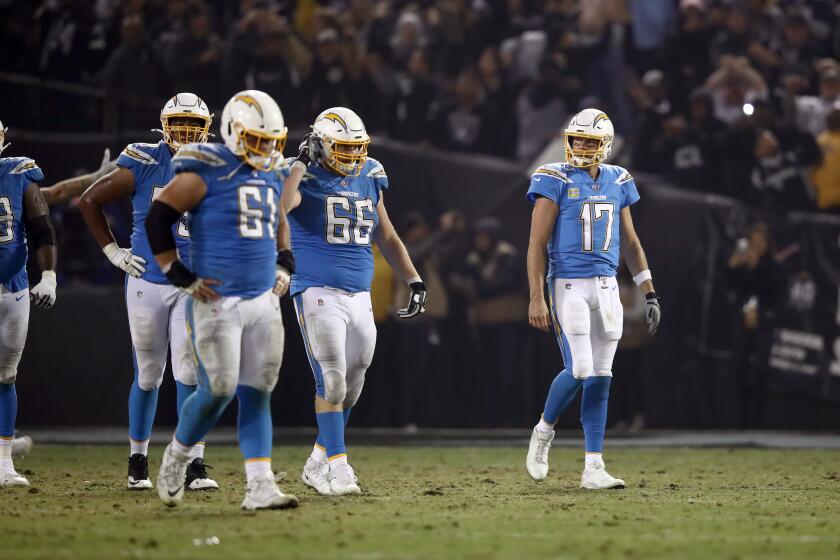 OAKLAND, CALIFORNIA - NOVEMBER 07: Philip Rivers #17 of the Los Angeles Chargers walks off the field after he threw an interception late in the fourth quarter against the Oakland Raiders at RingCentral Coliseum on November 07, 2019 in Oakland, California. (Photo by Ezra Shaw/Getty Images)