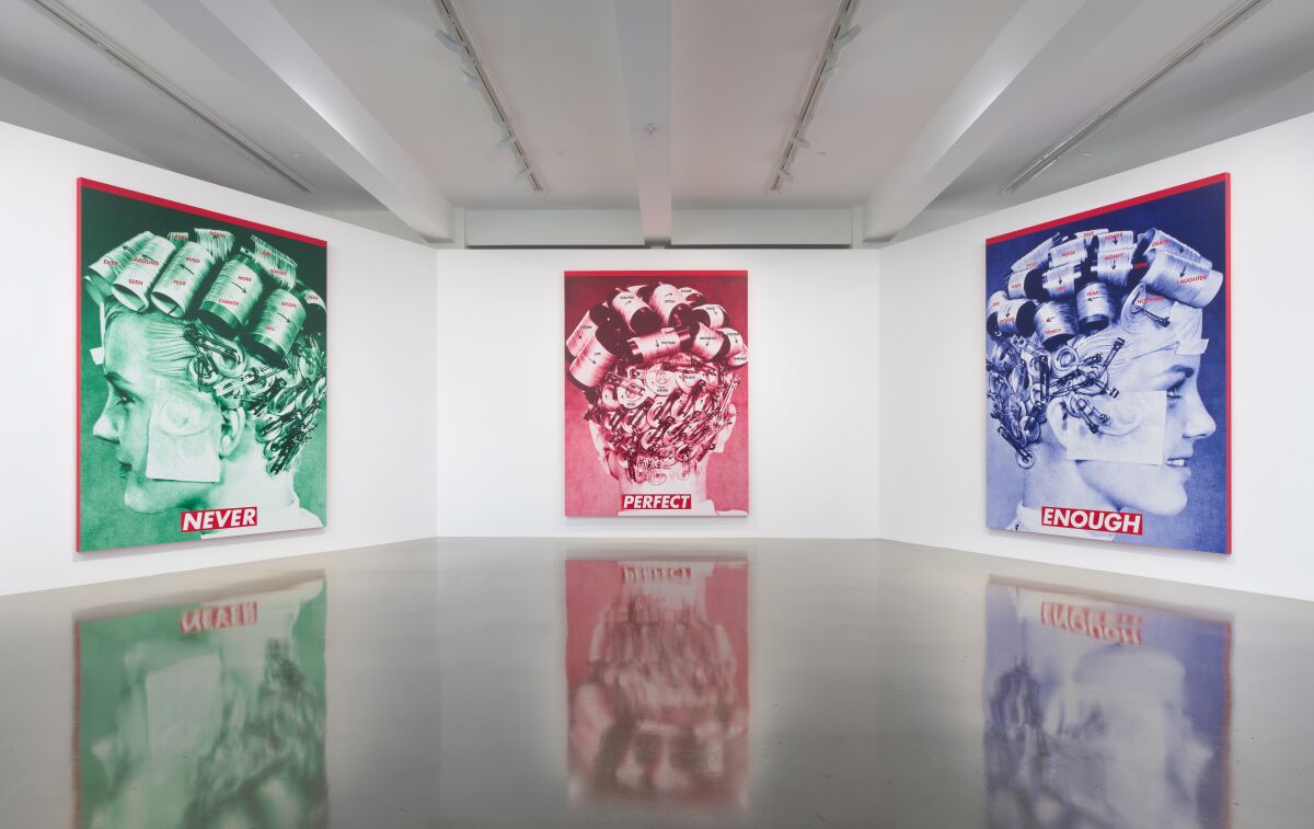A triptych of large-scale tinted images of a woman in curlers, all overlaid with text, are displayed in a gallery
