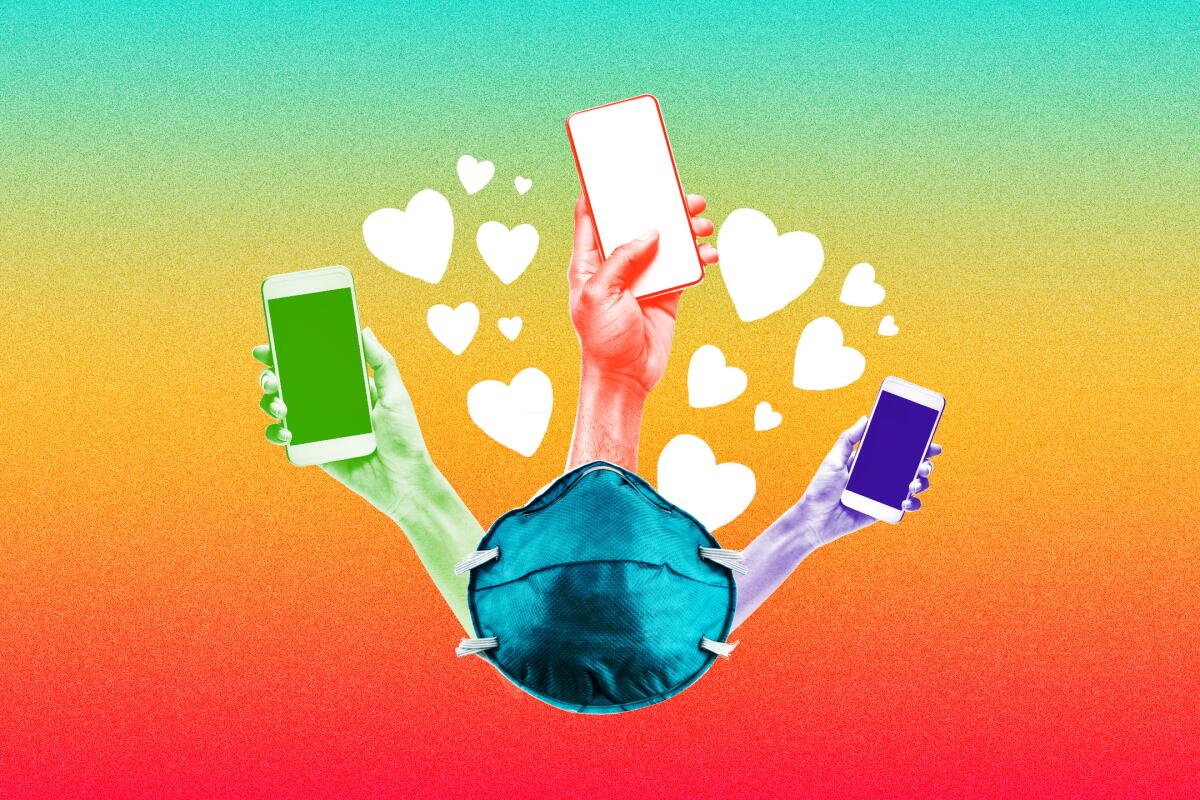 Illustration of a face mask sprouting three hands holding smartphones