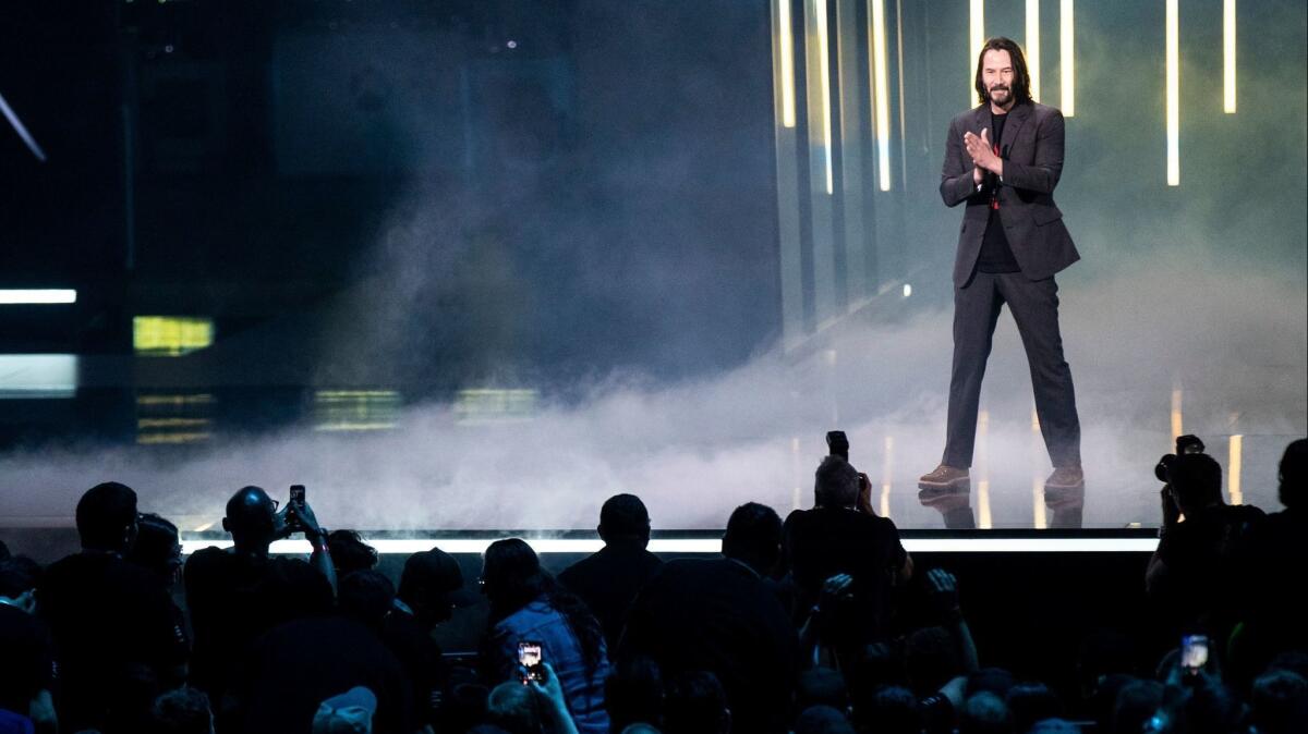 Keanu Reeves appeared at a Microsoft press event to tout "Cyberpunk 2077."