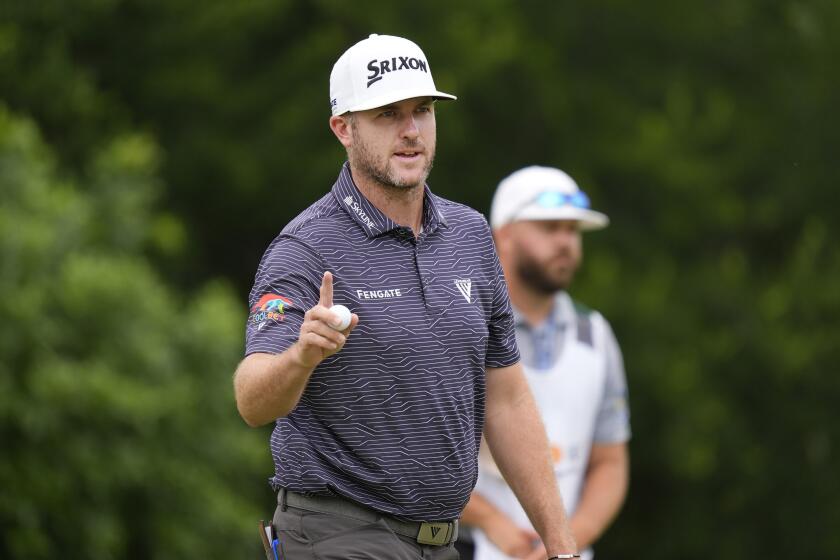 Taylor Pendrith gestures after sinking a birdie putt on the first hole during the final round of the Byron Nelson golf tournament in McKinney, Texas, Sunday, May 5, 2024. (AP Photo/LM Otero)