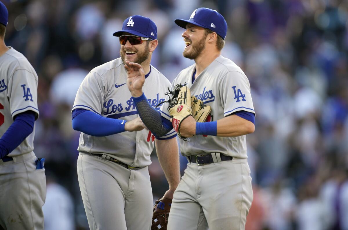 Max Muncy, left, and Gavin Lux after a game in 2022.