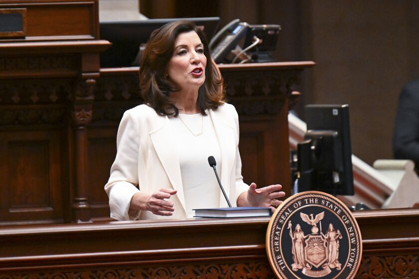 New York Gov. Kathy Hochul delivers her first State of the State address in the Assembly Chamber at the state Capitol, Wednesday, Jan. 5, 2022, in Albany, N.Y. (AP Photo/Hans Pennink, Pool)
