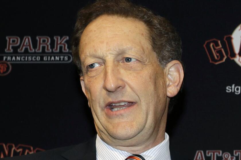 FILE - In this Jan. 19, 2018, file photo, San Francisco Giants President and CEO Larry Baer is shown during a press conference in San Francisco. Baer will not face charges following a physical altercation with his wife earlier in March 2019 that led to him taking a leave of absence from the team. (AP Photo/Marcio Jose Sanchez, File)