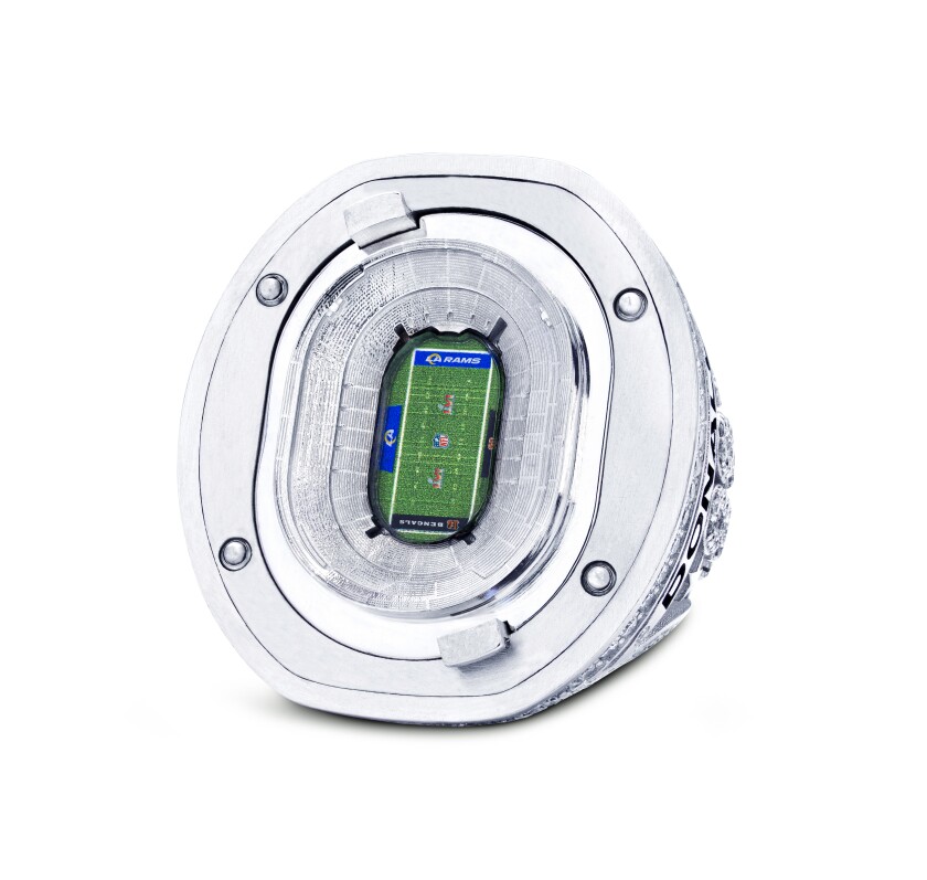 The inside of the Rams' Super LVI rings which includes SoFi Stadium's turf.