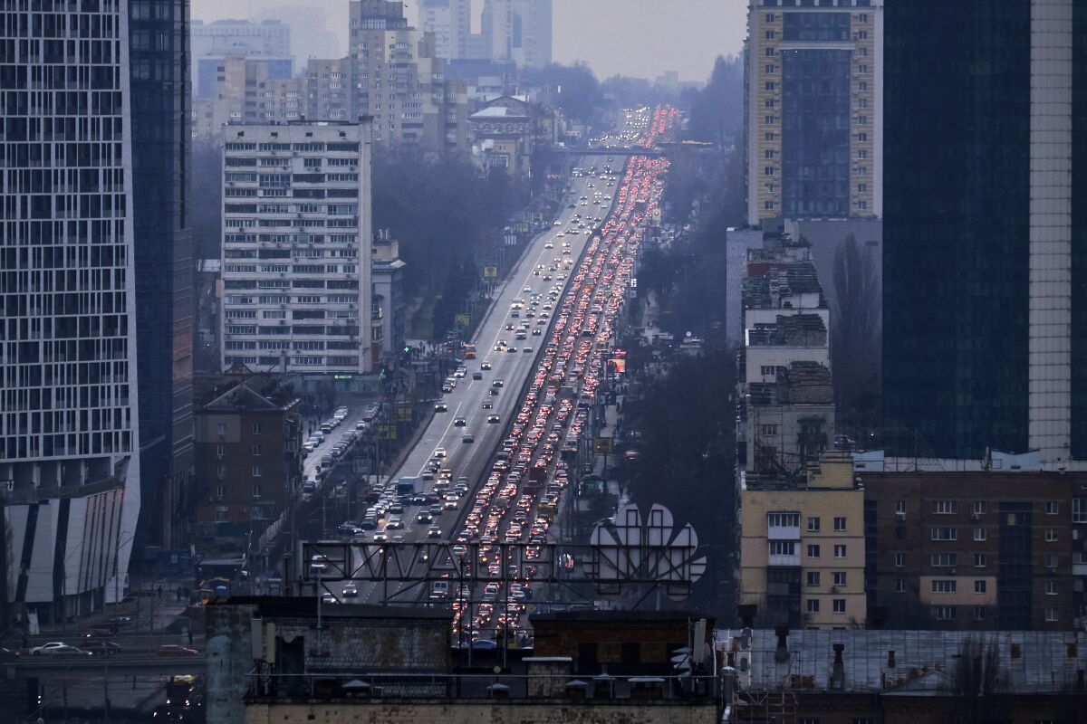 Traffic is backed up on a highway out of Kyiv, Ukraine.