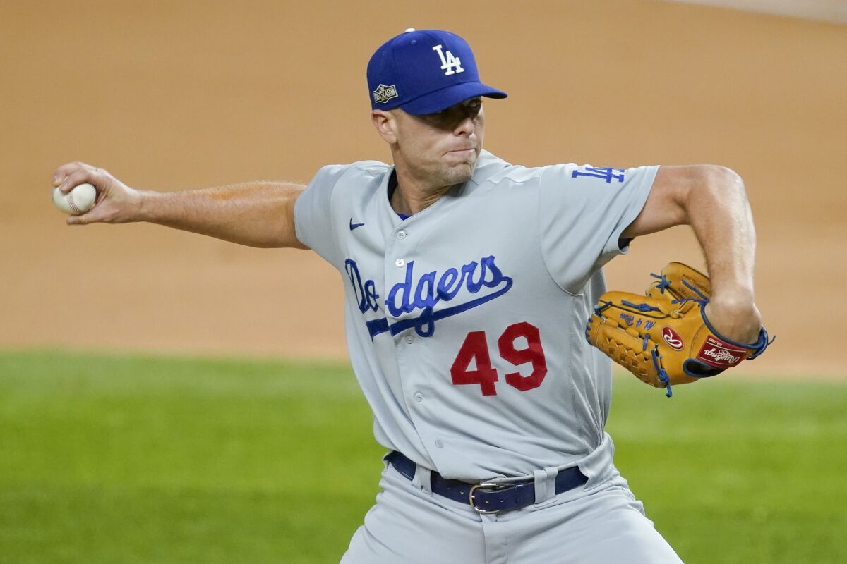 Dodgers reliever Blake Treinen pitches against the Atlanta Braves.