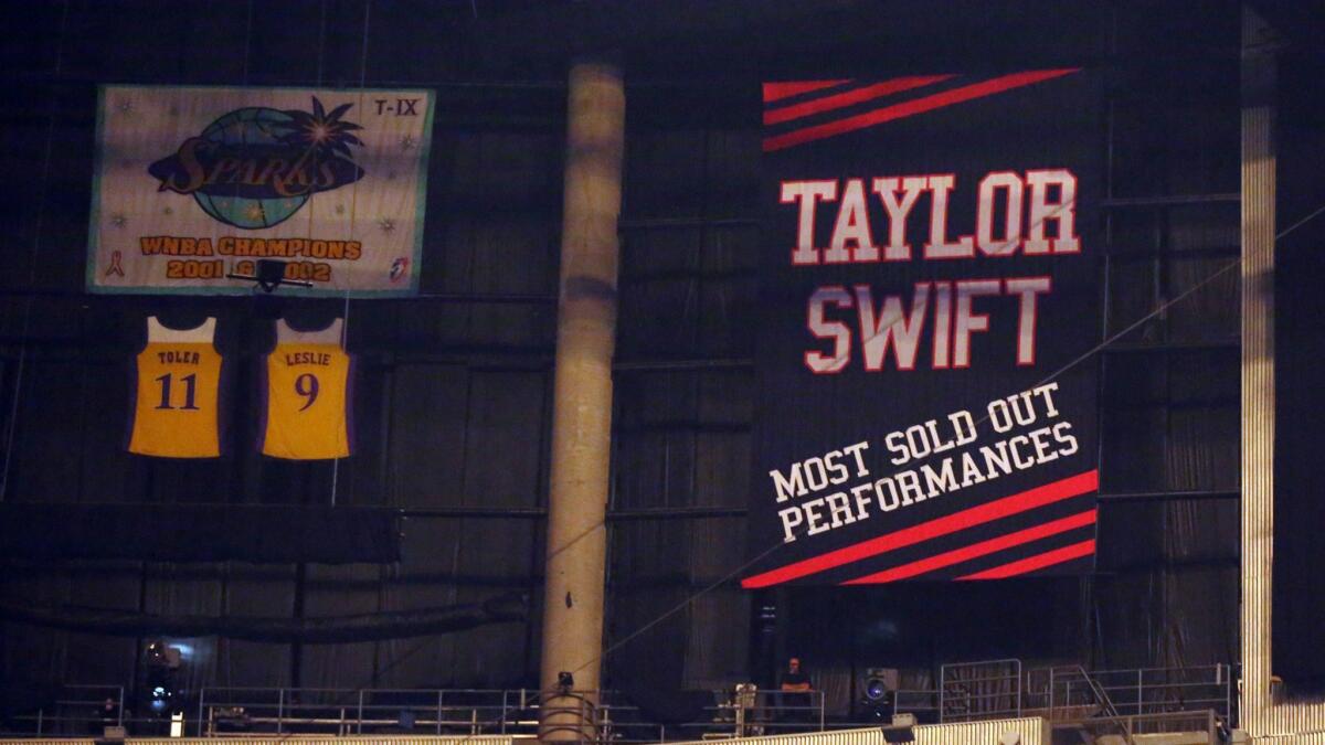 A banner honoring Taylor Swift is seen during the "1989" world tour at Staples Center on Aug. 22, 2015.