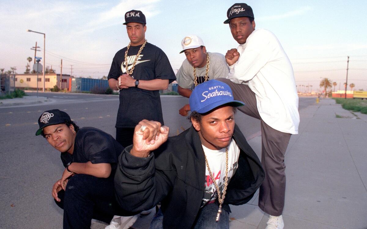N.W.A members Ice Cube, clockwise from left, DJ Yella, Dr. Dre, MC Ren and Eazy-E are seen in 1989.