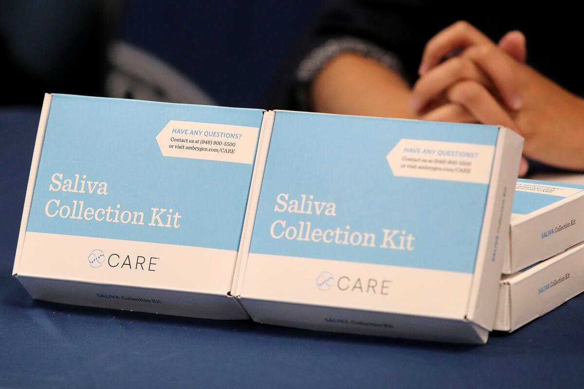 A saliva collection kit during a COVID-19 update regarding the Omicron variant on Friday at the Costa Mesa Senior Center.