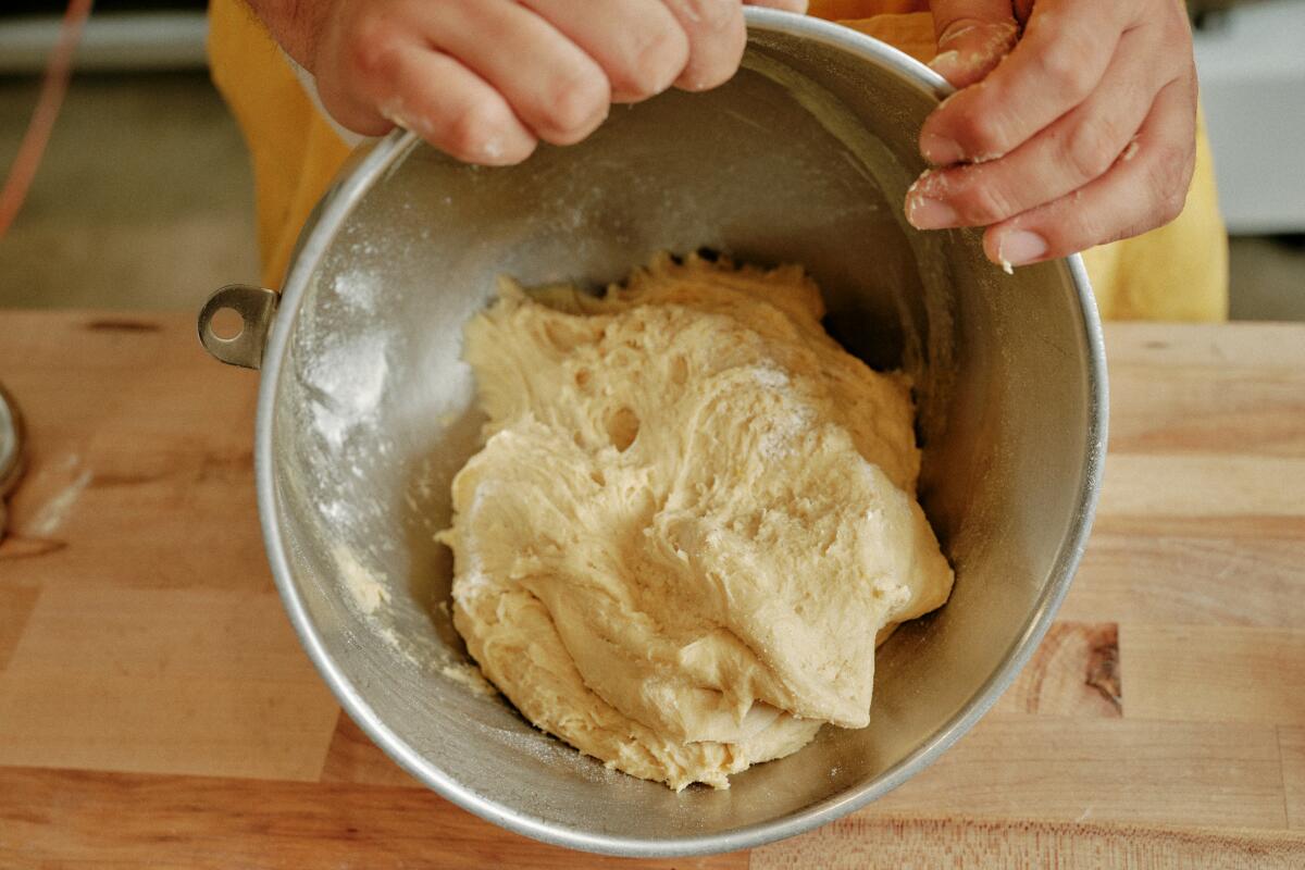 Pan de muerto dough prior to the final addition of butter at Gusto Bread in Long Beach.