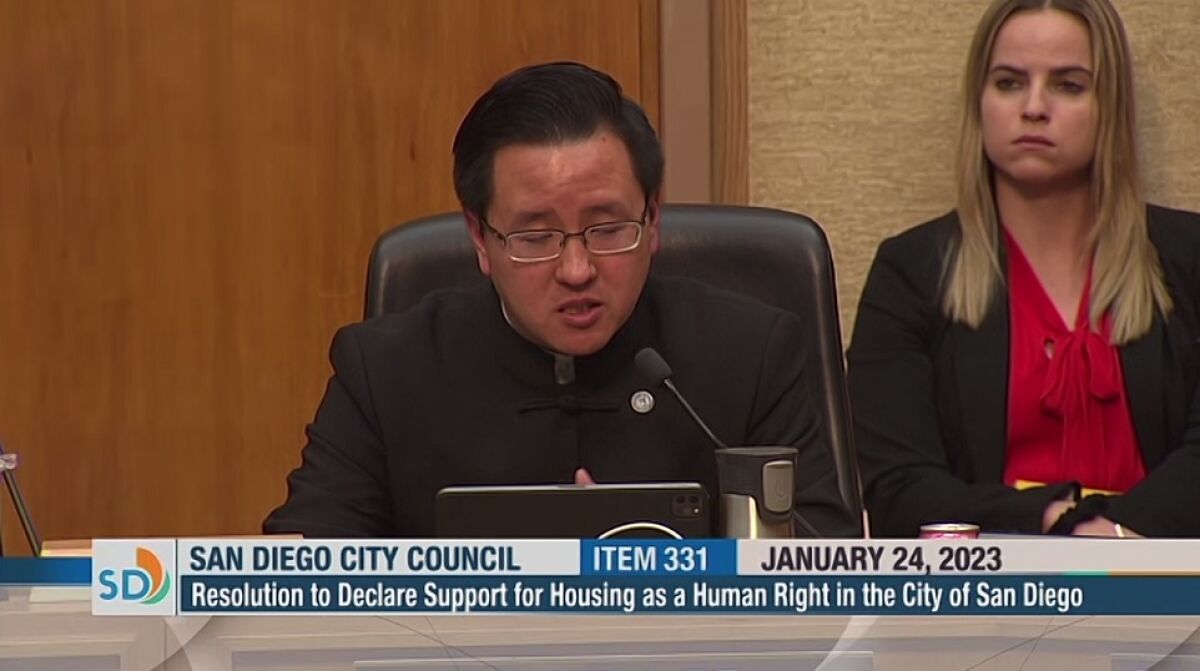 San Diego City Councilmember Kent Lee votes in favor Tuesday of declaring housing as a human right.