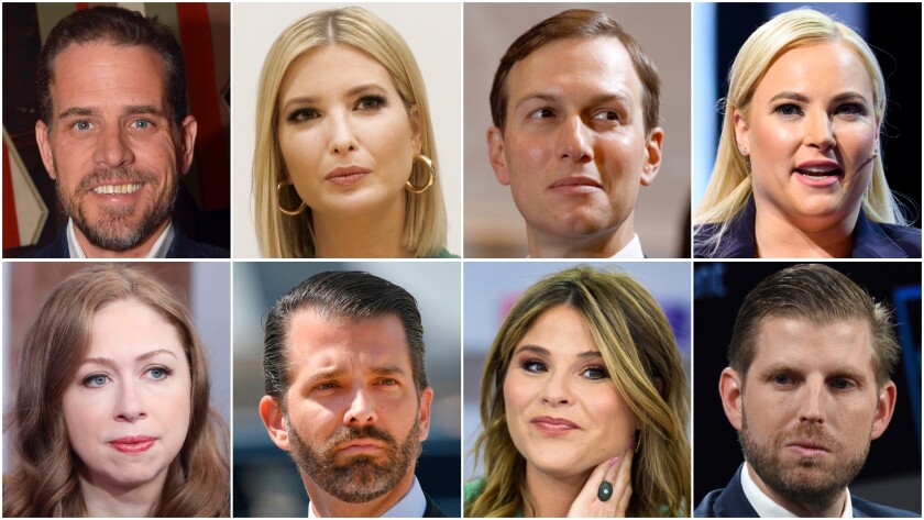 Clockwise from top left are Hunter Biden, Ivanka Trump, Jared Kushner, Meghan McCain, Eric Trump, Jenna Bush Hager, Donald Trump Jr. and Chelsea Clinton.