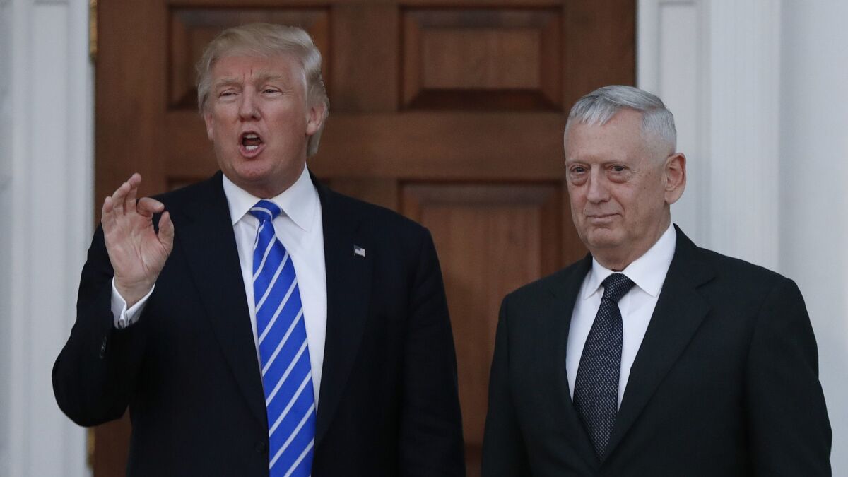 President-elect Trump with James N. Mattis in November 2016, after naming Mattis as his choice for Defense secretary.