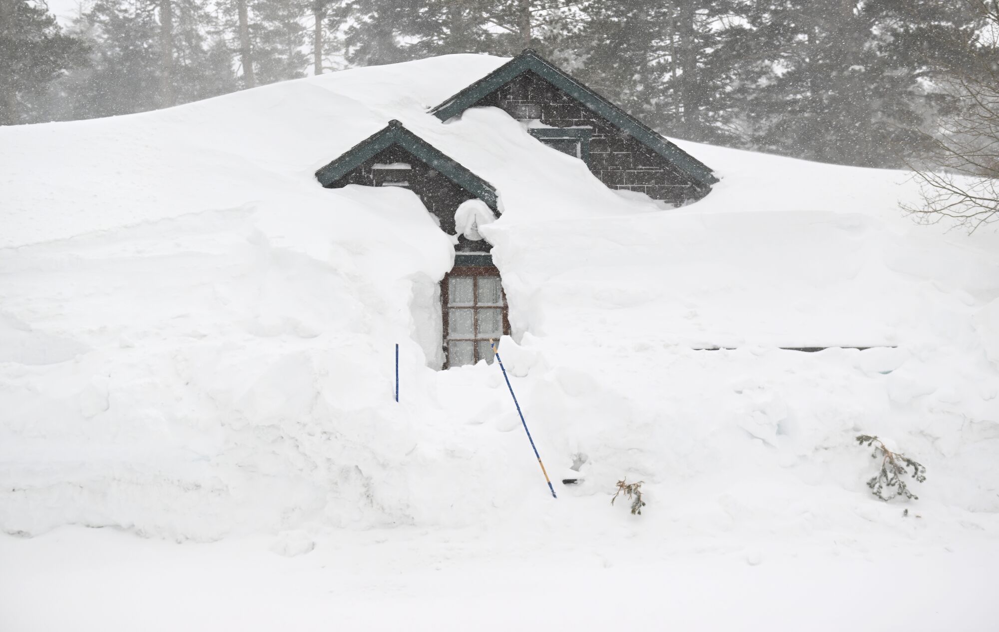 A cabin is buried in the snow at Tamarack Lodge in Mammoth Lakes.