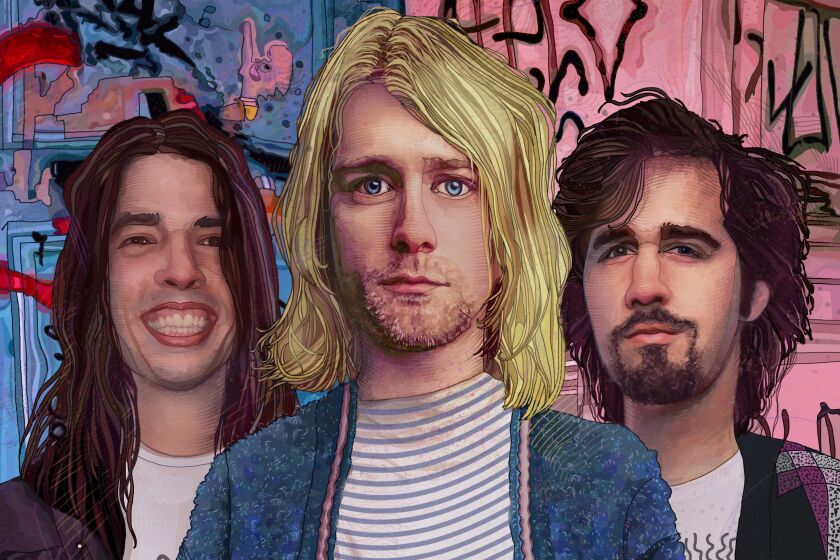 Illustration of the band Nirvana. (L-R) Dave Grohl, Kurt Cobain, and Krist Novoselic. CREDIT: Illustration by Tony Rodriguez/For The Times