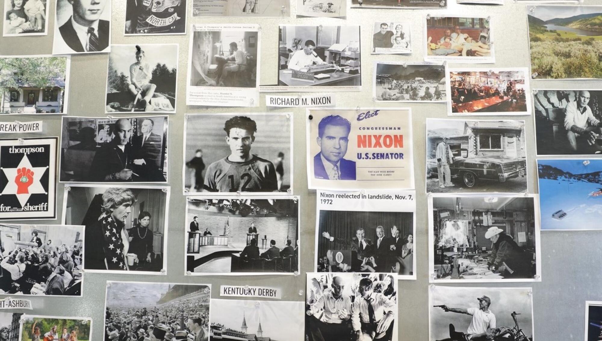 Old photos of the real Hunter S. Thompson fill a wall in the La Jolla Playhouse rehearsal room.
