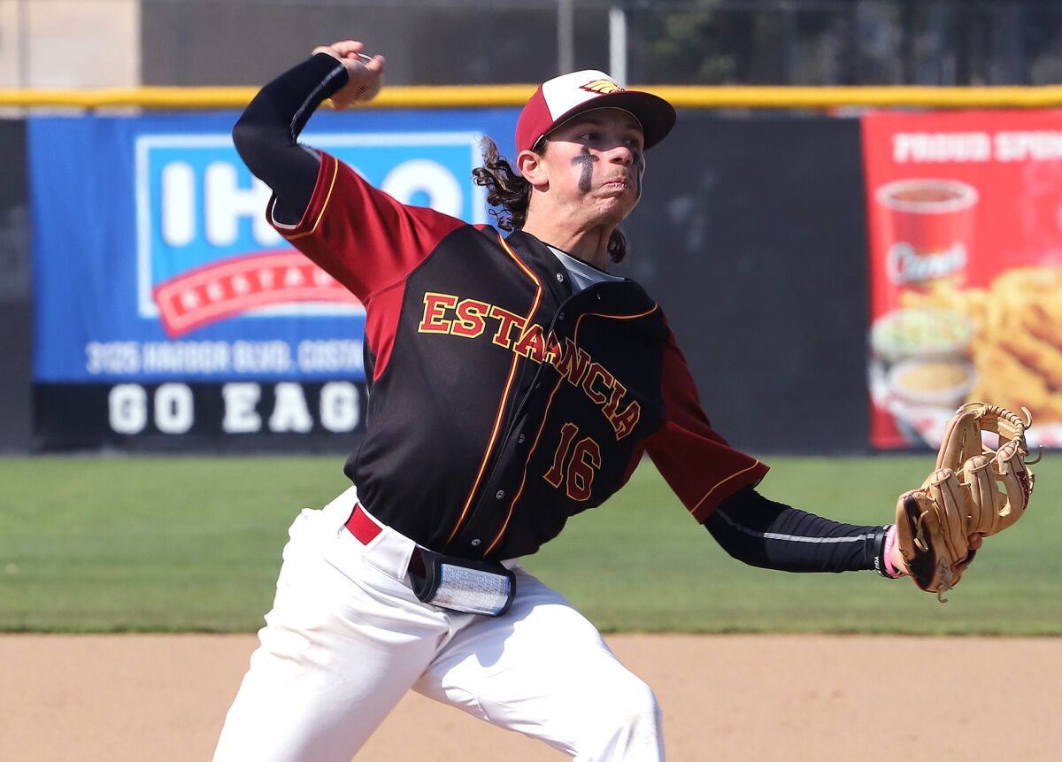 Estancia's Andrew Mits (16) pitches against Calvary Chapel in the second game of a doubleheader at Estancia High School.