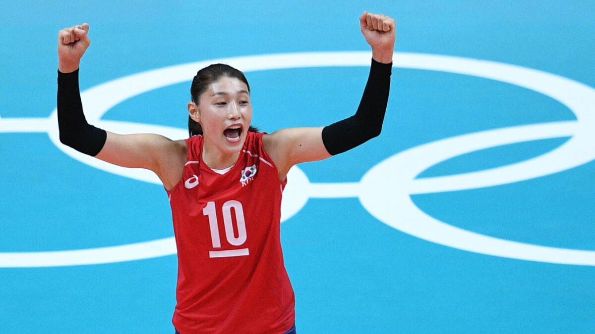 South Korea's Kim Yeon Koung celebrates after winning a point during the women's qualifying volleyball match.