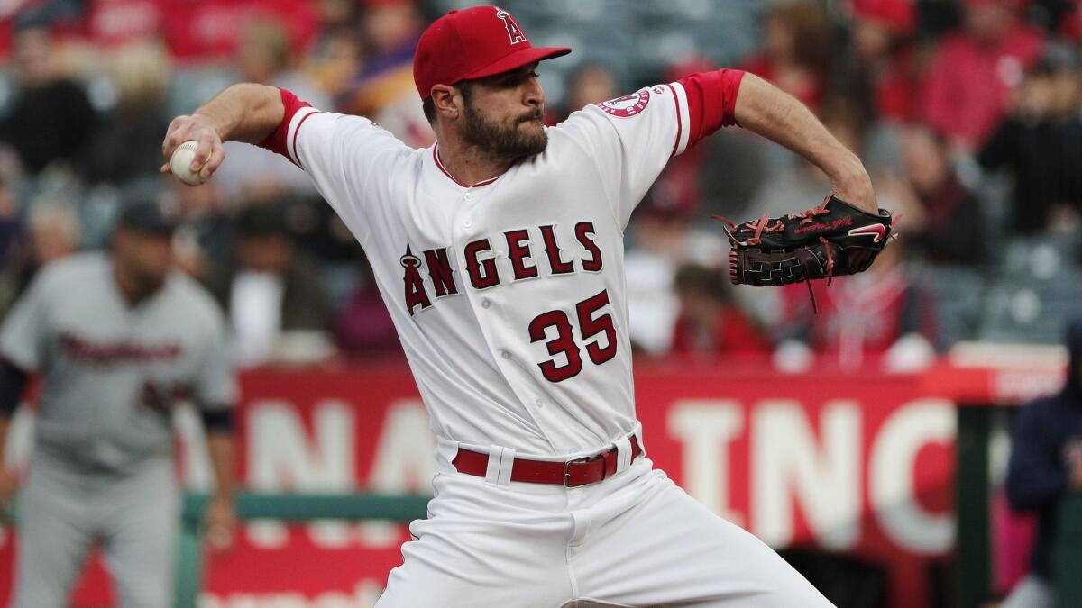 Angels starting pitcher Nick Tropeano throws against the Minnesota Twins in the first inning at Angel Stadium on May 12, 2018.