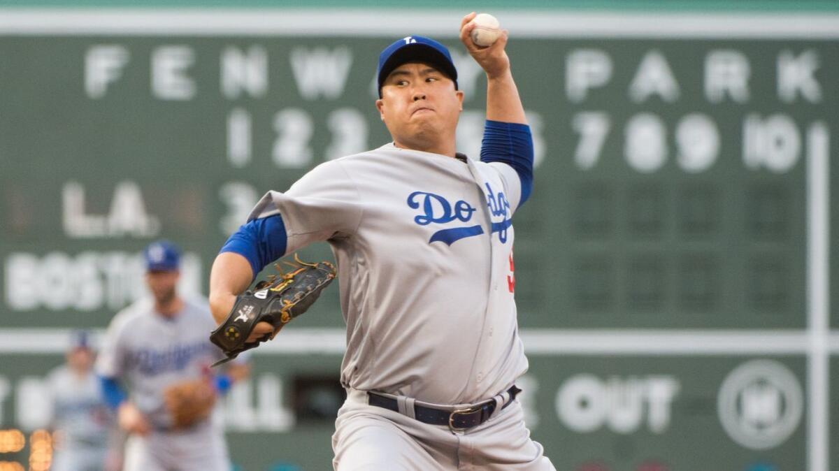 Hyun-Jin Ryu pitching for the Dodgers against the Boston Red Sox at Fenway Park.