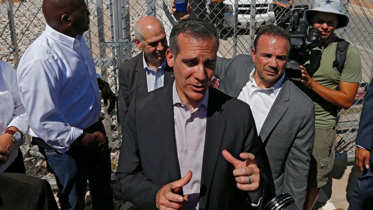 Los Angeles Mayor Eric Garcetti visits the Tornillo Port of Entry in Tornillo, Texas, on June 21.