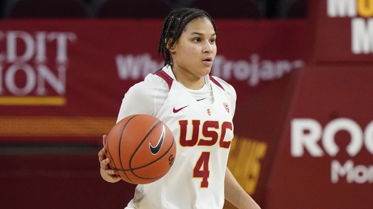 USC's Endyia Rogers dribbles during the second half Dec. 19, 2020, in Los Angeles. 