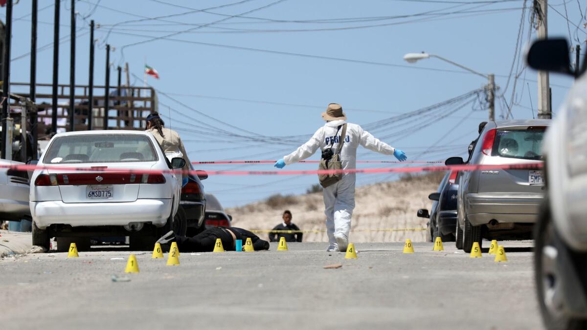 Investigators check the scene of a homicide in Tijuana on June 1, 2018.