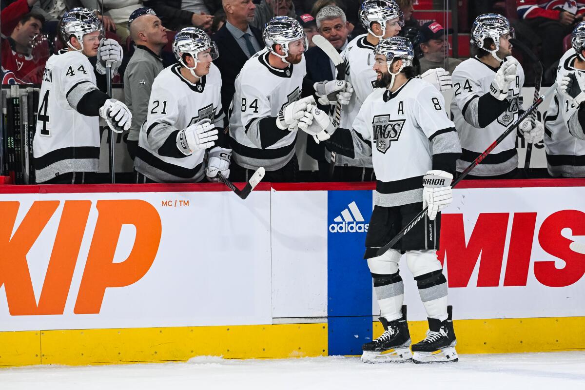 Kings defenseman Drew Doughty celebrates after scoring in the first period of a win over the Montreal Canadiens.